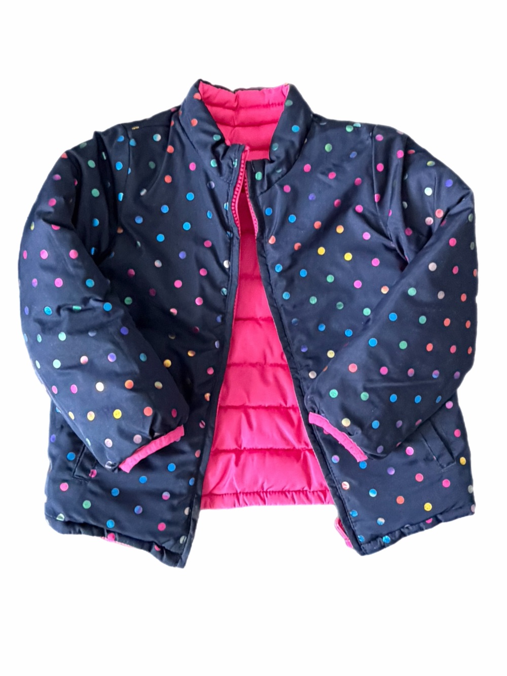 GAP Girl Navy Polka Dot Reversible Bright Pink Puffer Jacket